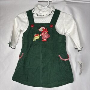 Vtg BT Kids 2pc 12 Month Corduroy Dress & Turtleneck Green Apple Cottage Core